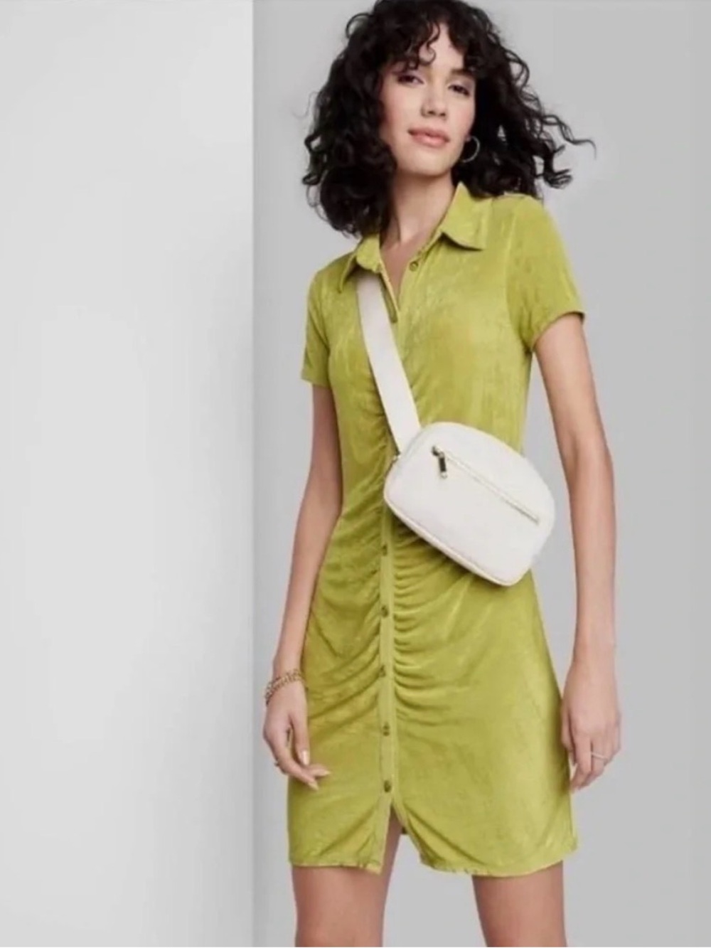 Wild Fable 70s Retro Style Bodycon Ruched Stretchy Olive Collared Dress
